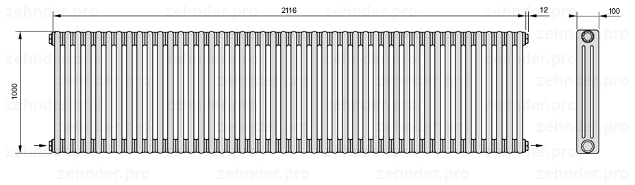 Схема (чертеж) Радиатор Zehnder Charleston 3100/46 №2670 Белый глянцевый RAL 9016